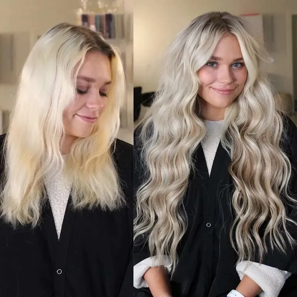 A before and after photo of a woman with blonde hair