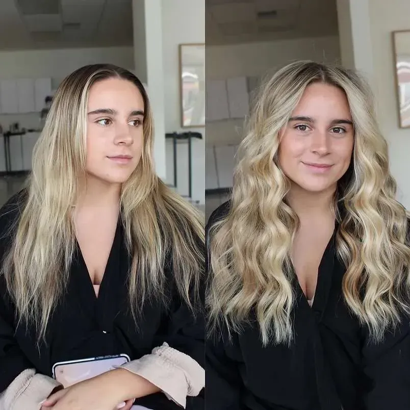 A before and after photo of a woman with blonde hair