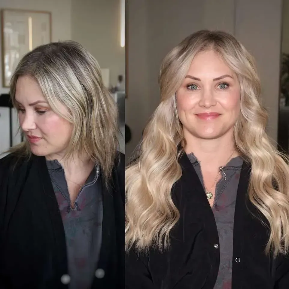 A before and after photo of a woman with long blonde hair.
