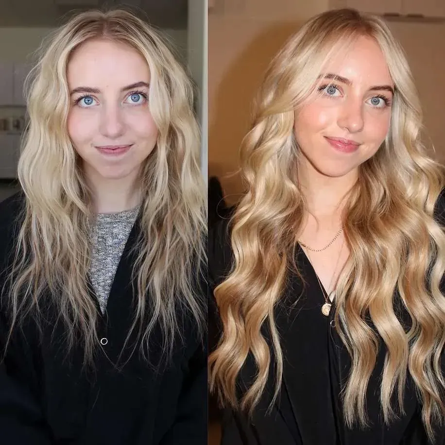 A before and after photo of a woman with blonde hair.
