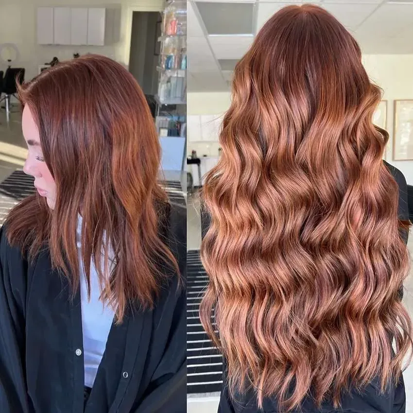A before and after photo of a woman 's hair