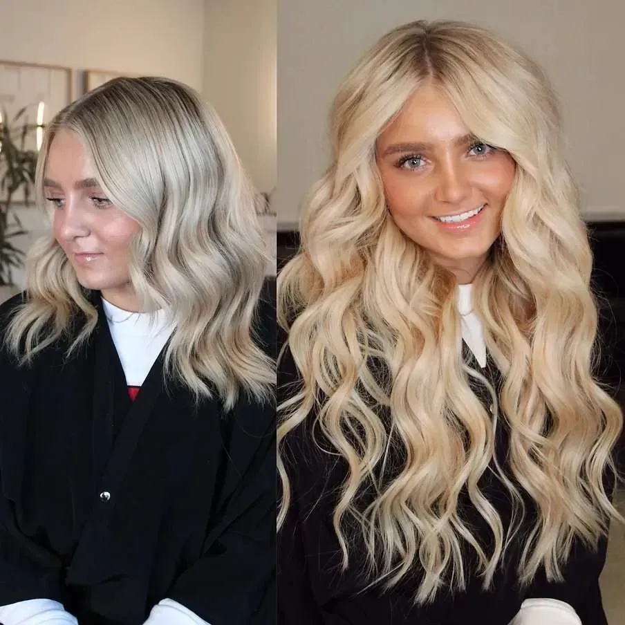 A before and after photo of a woman with blonde hair