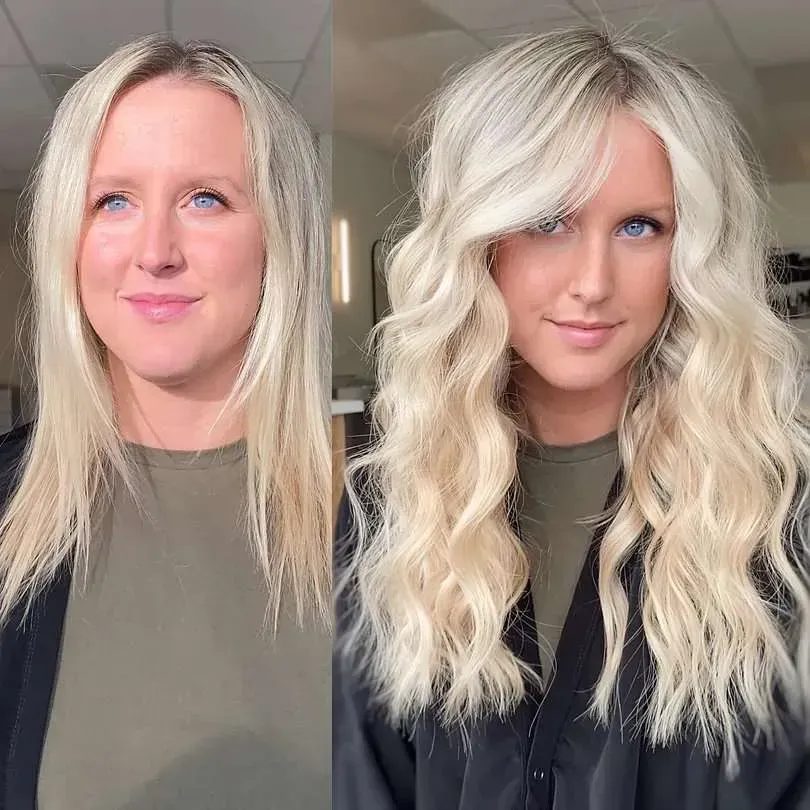 A before and after photo of a woman with blonde hair.