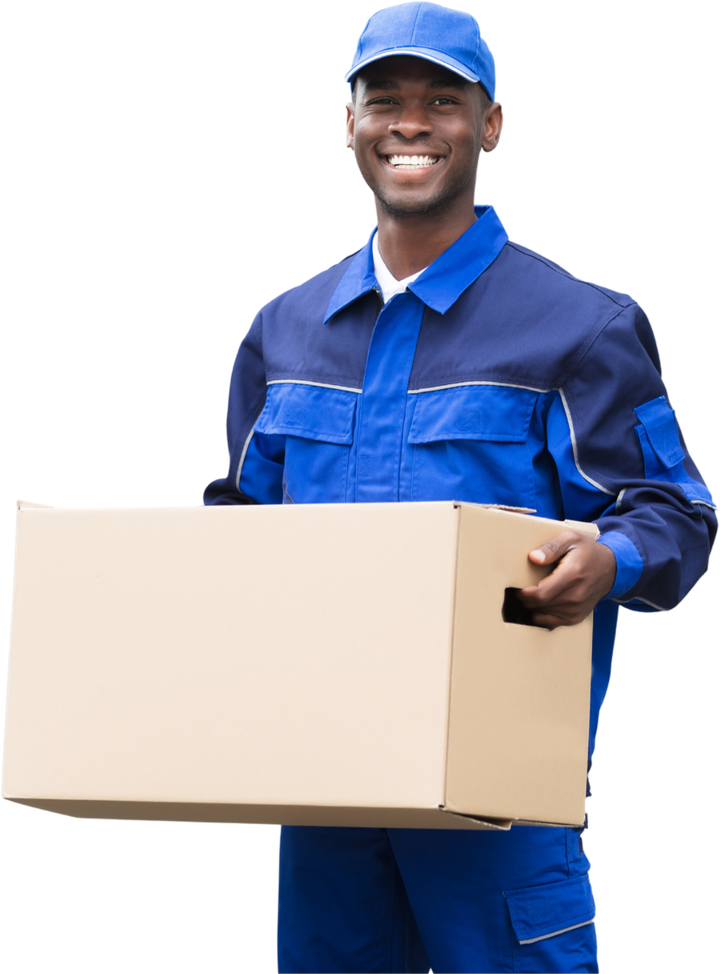 A delivery man in a blue uniform is holding a cardboard box.