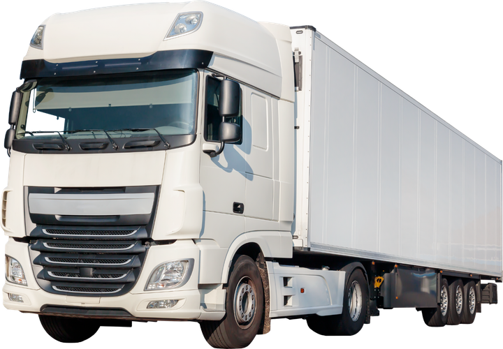 A white semi truck with a trailer on a white background.