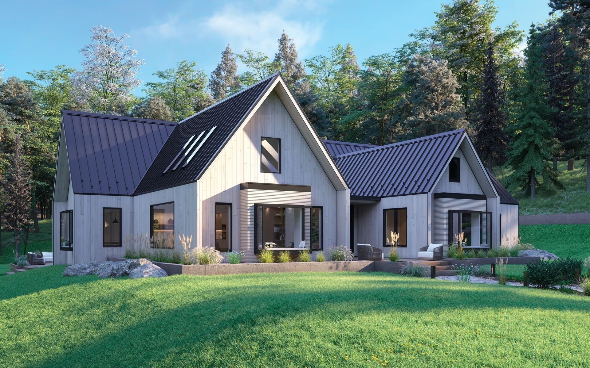 A large white house with a black roof is sitting on top of a lush green hill.