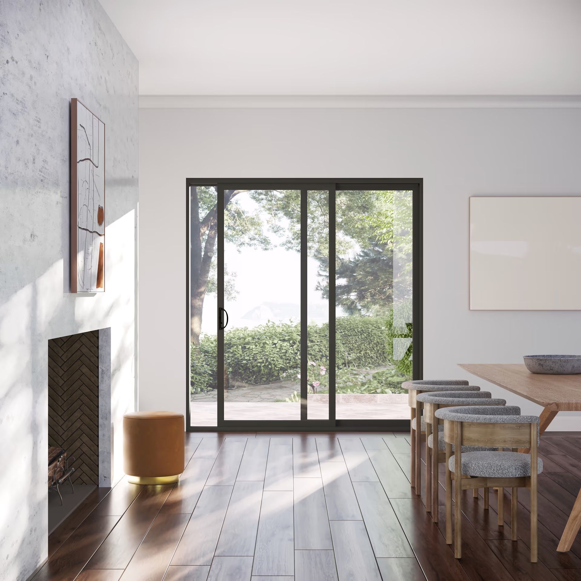 A living room with a table and chairs and a fireplace