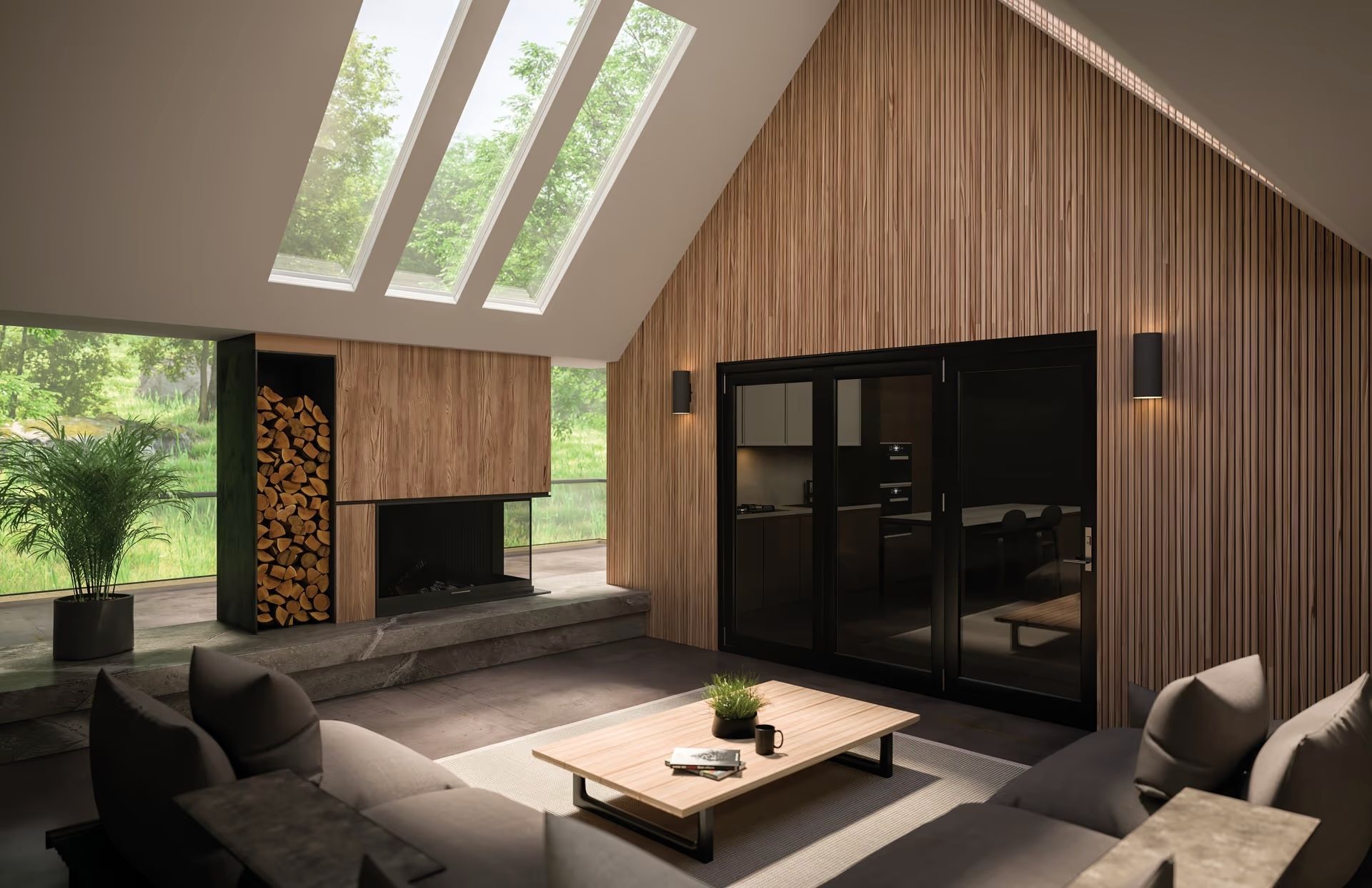 A living room with a couch , coffee table and fireplace.