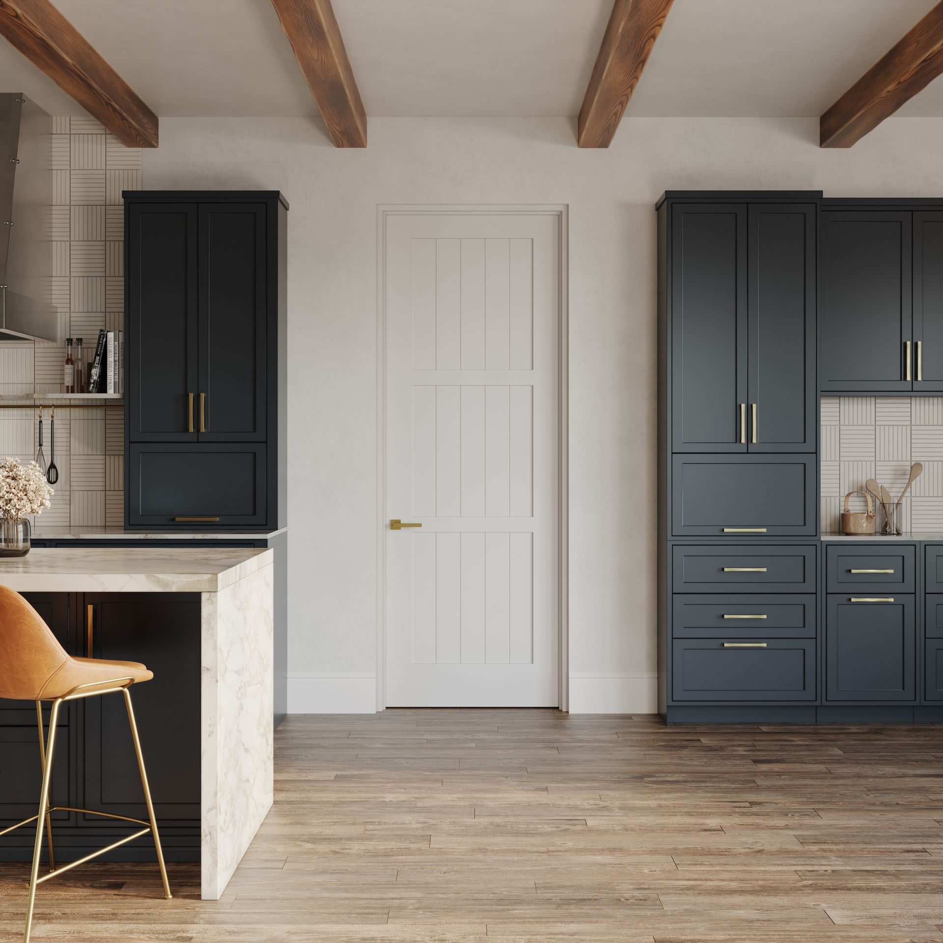 A kitchen with blue cabinets and wooden floors