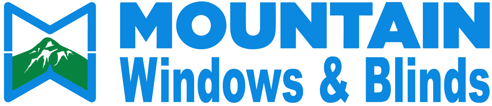 A blue and green logo for mountain windows and blinds