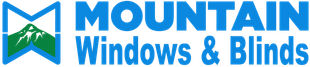 A blue and green logo for mountain windows and blinds