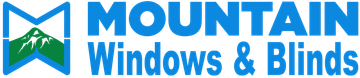 A blue and green logo for mountain windows and blinds