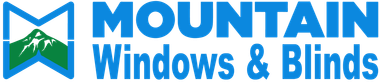 A blue and green logo for mountain windows and blinds