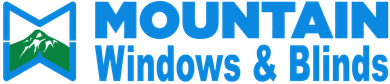 A blue and green logo for mountain windows and blinds