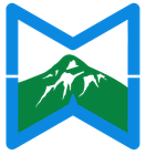 A blue and green logo with a mountain in the middle