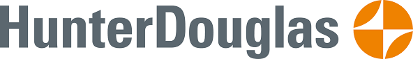 A logo for hunter douglas is shown on a white background