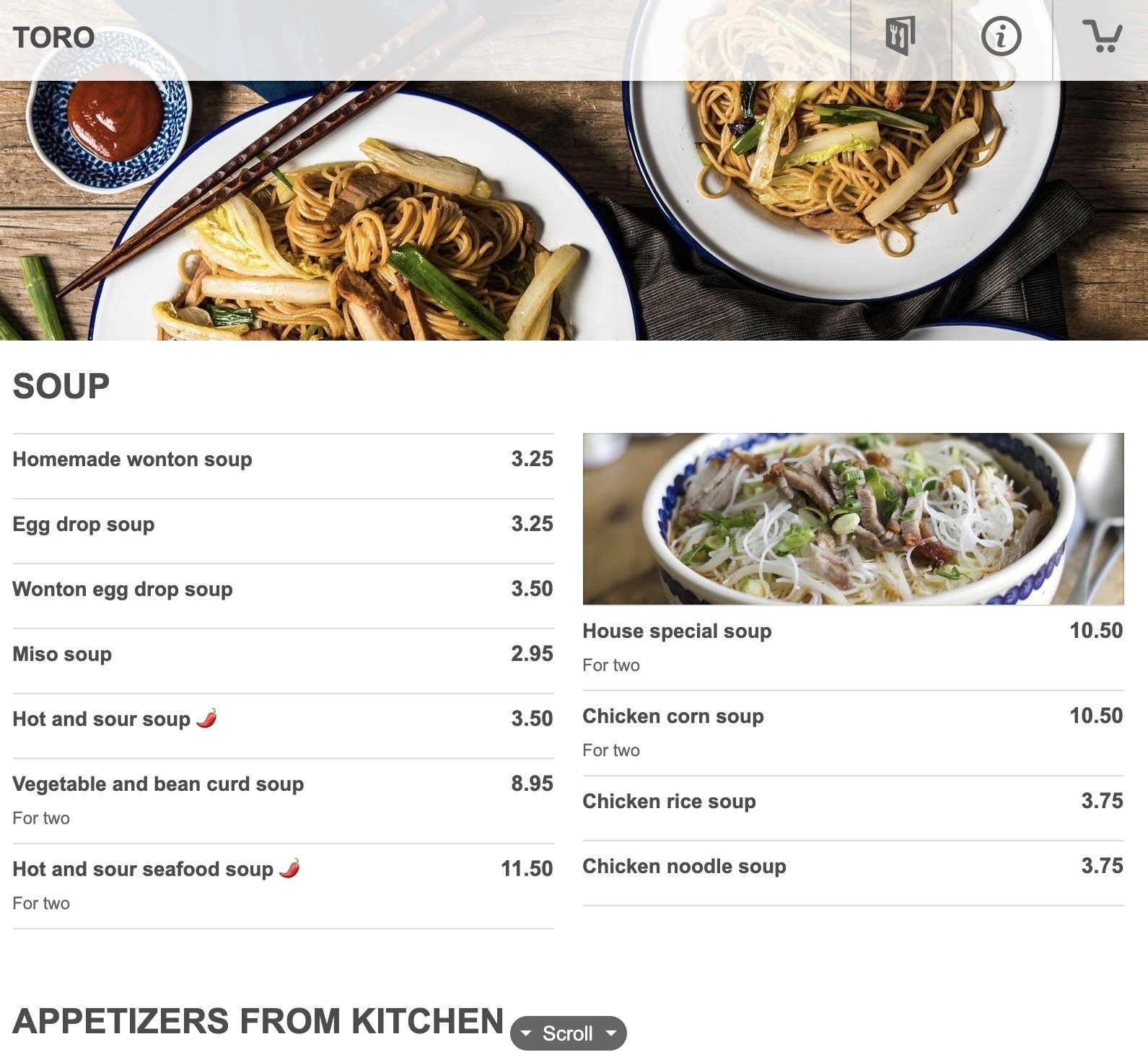 Online Ordering Menu from Toro restaurant, featuring soup and appetizers, with food photos.