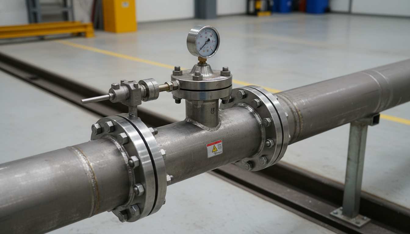 Industrial pipe with a pressure gauge and valve.