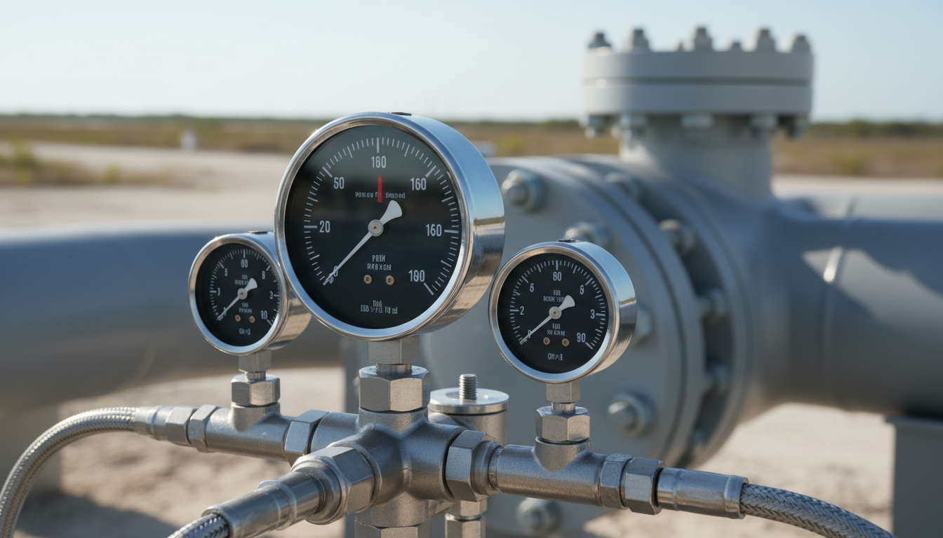 Pressure gauges on a gray pipeline, outdoors, in a field, measuring pressure.