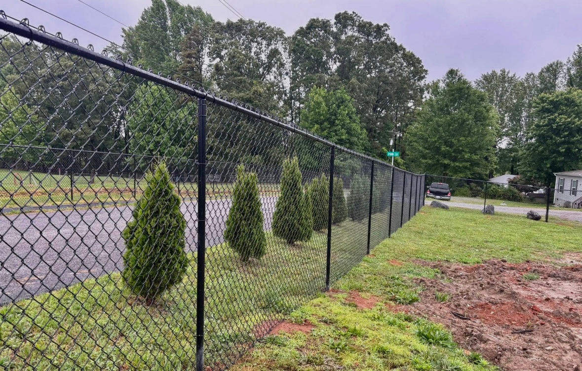 Black chain-link fence with green trees behind it, on a cloudy day.