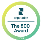 Reputation The 800 Award badge, teal and yellow circle, 2025.
