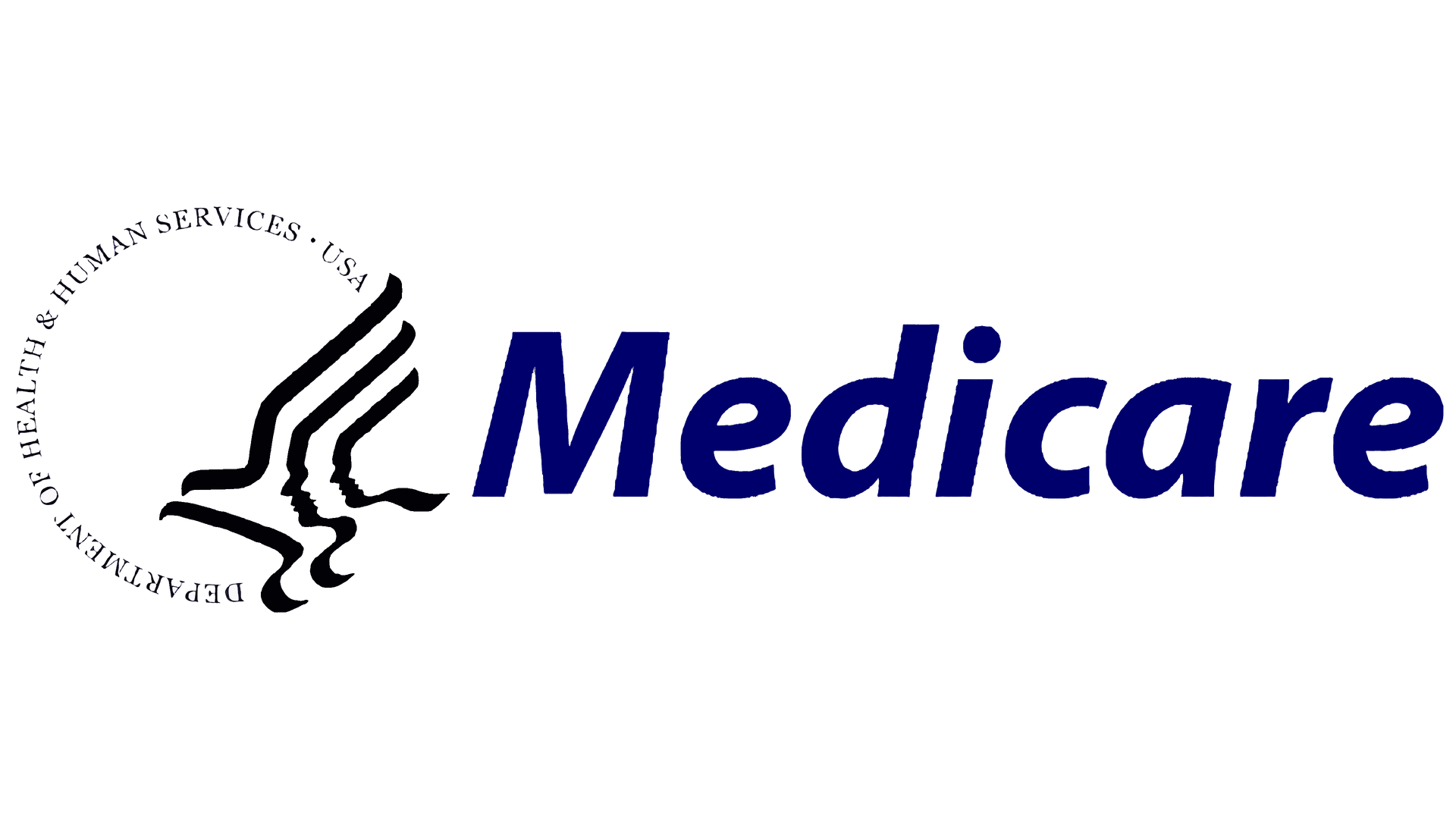 Medicare logo, blue text with the word Medicare and the Department of Health and Human Services logo on white.