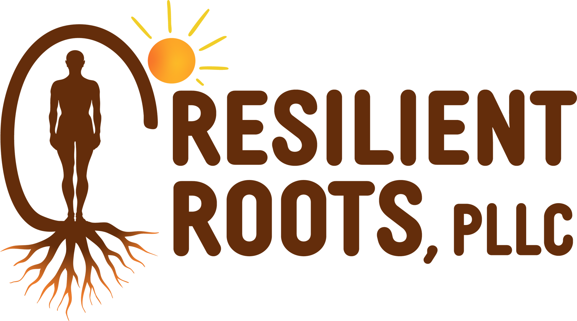 Logo: silhouette inside circle with roots below, sun above, 