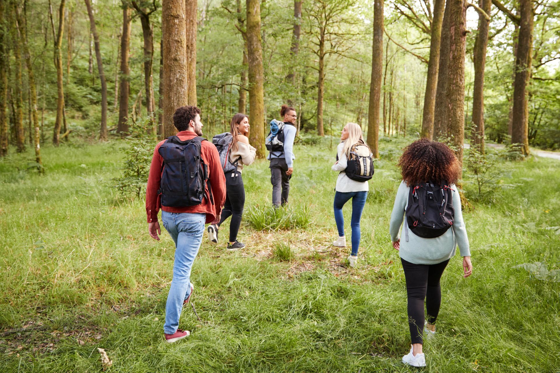 Group of hikers with backpacks walking through a green forest.