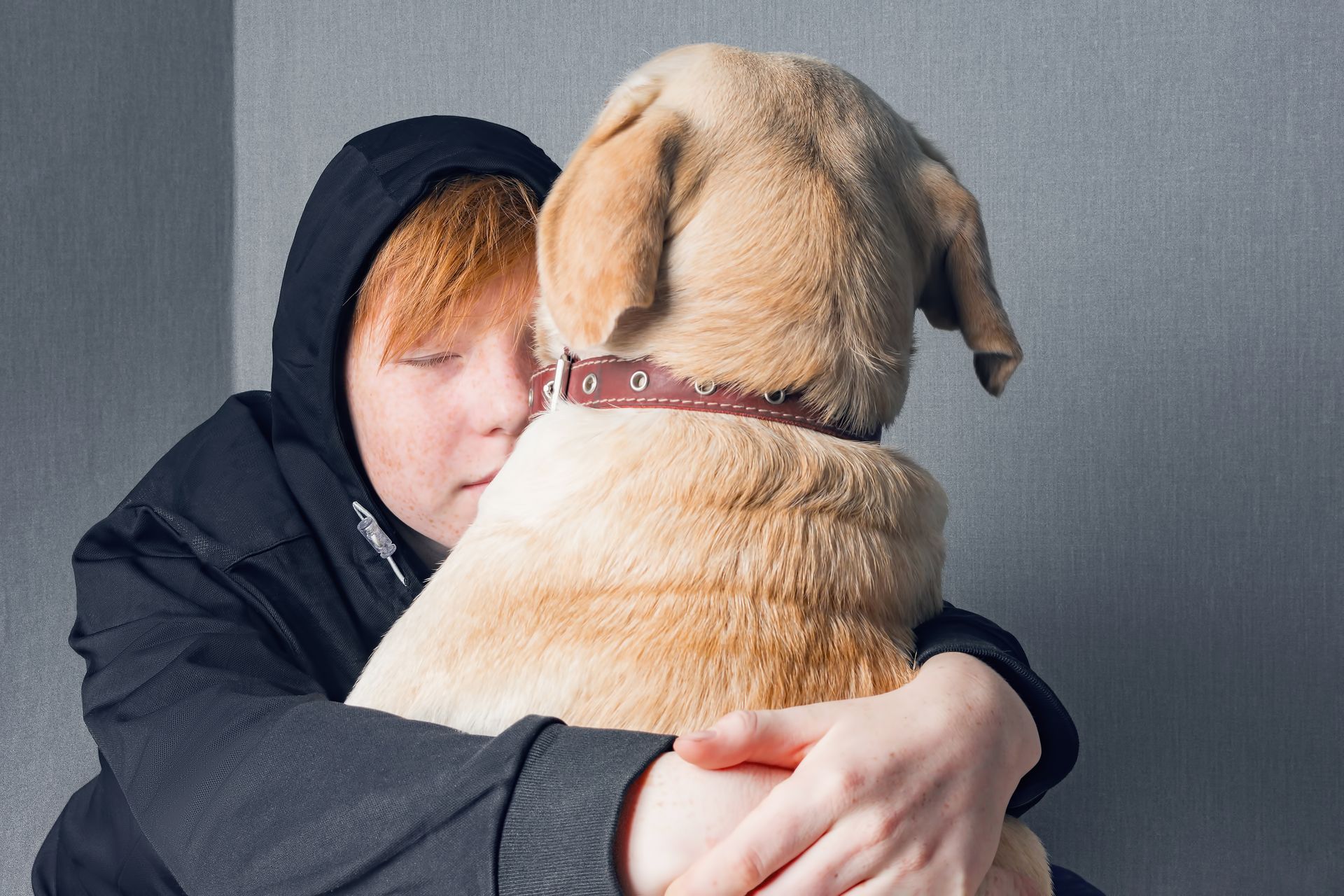 A young boy is hugging a brown dog with a red collar.
