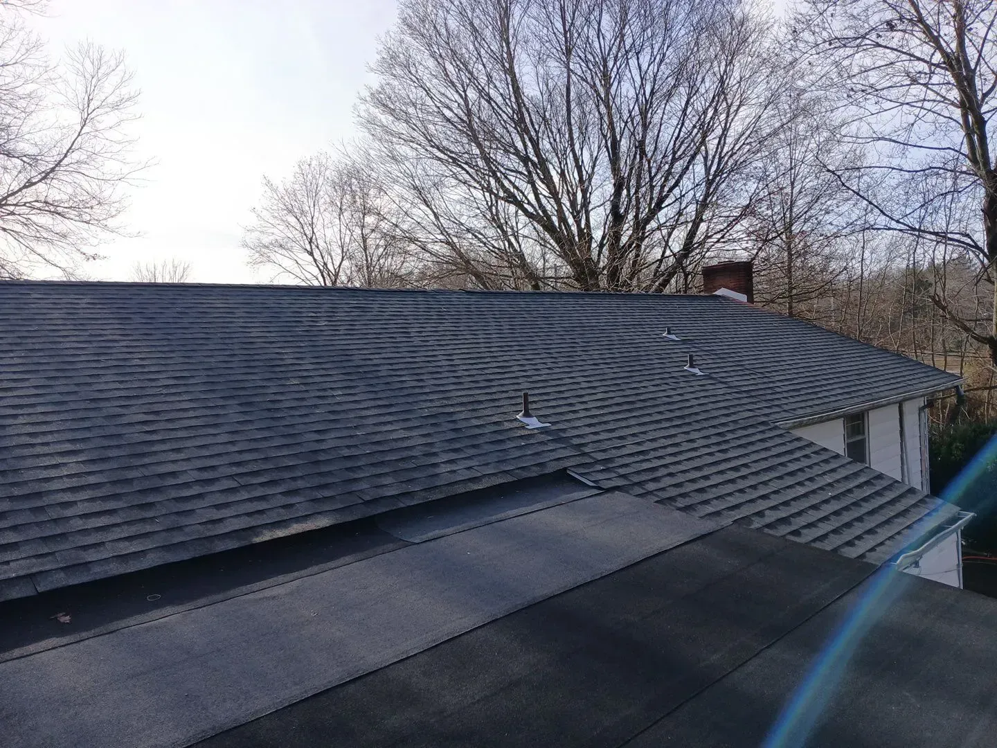 Gray asphalt shingle roof on a house, with a chimney in the background and a tree canopy above.