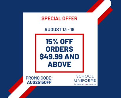 School Uniform discount. Promo Code AUG2515OFF