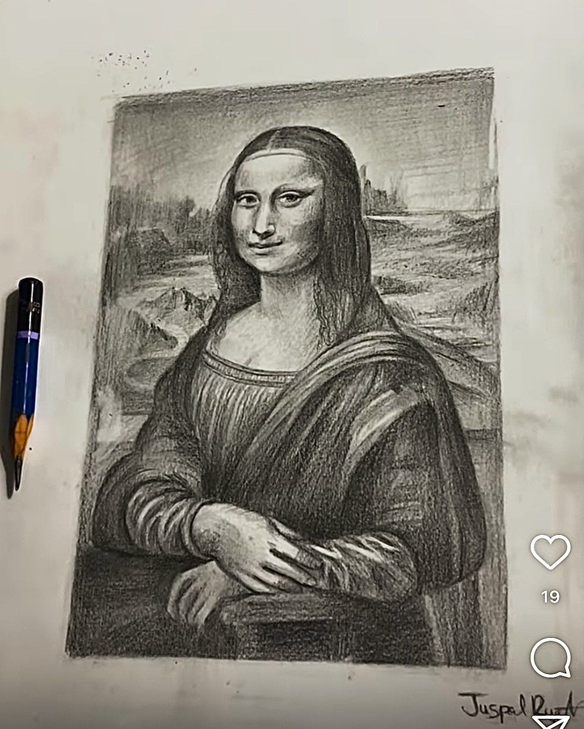 A black and white drawing of a woman sitting next to a pencil.