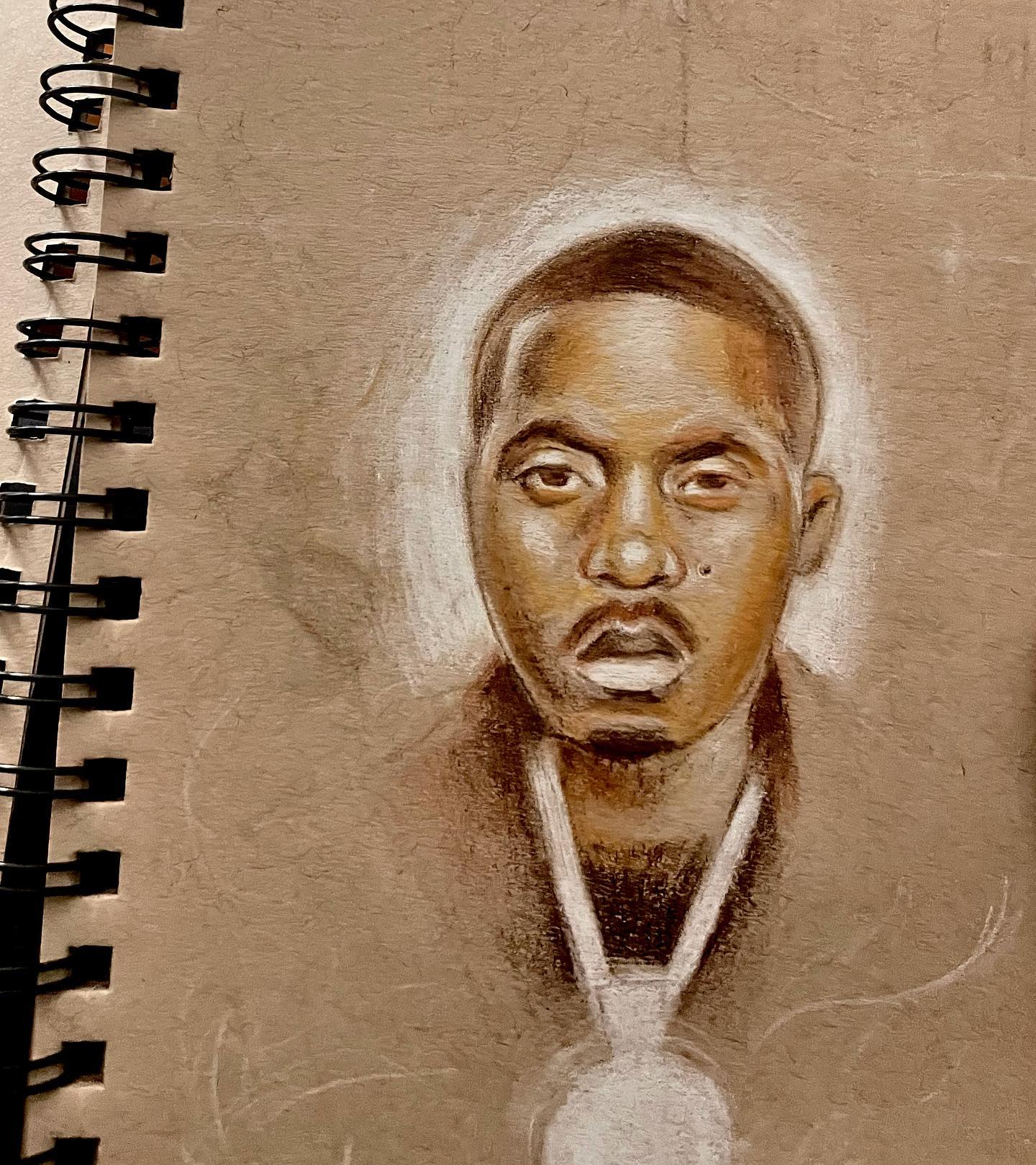 A drawing of a man with a medal around his neck