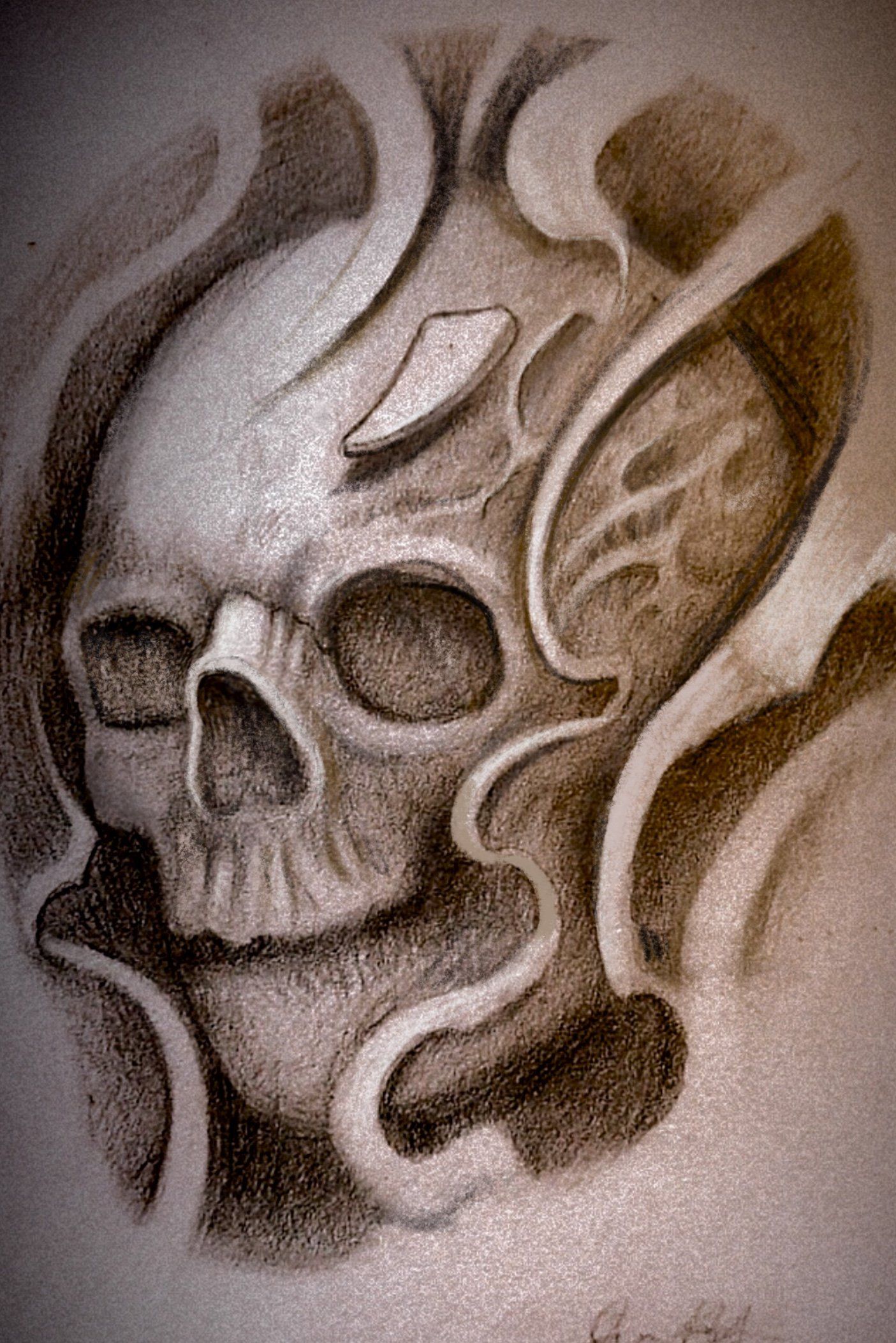 A drawing of a skull with smoke coming out of it