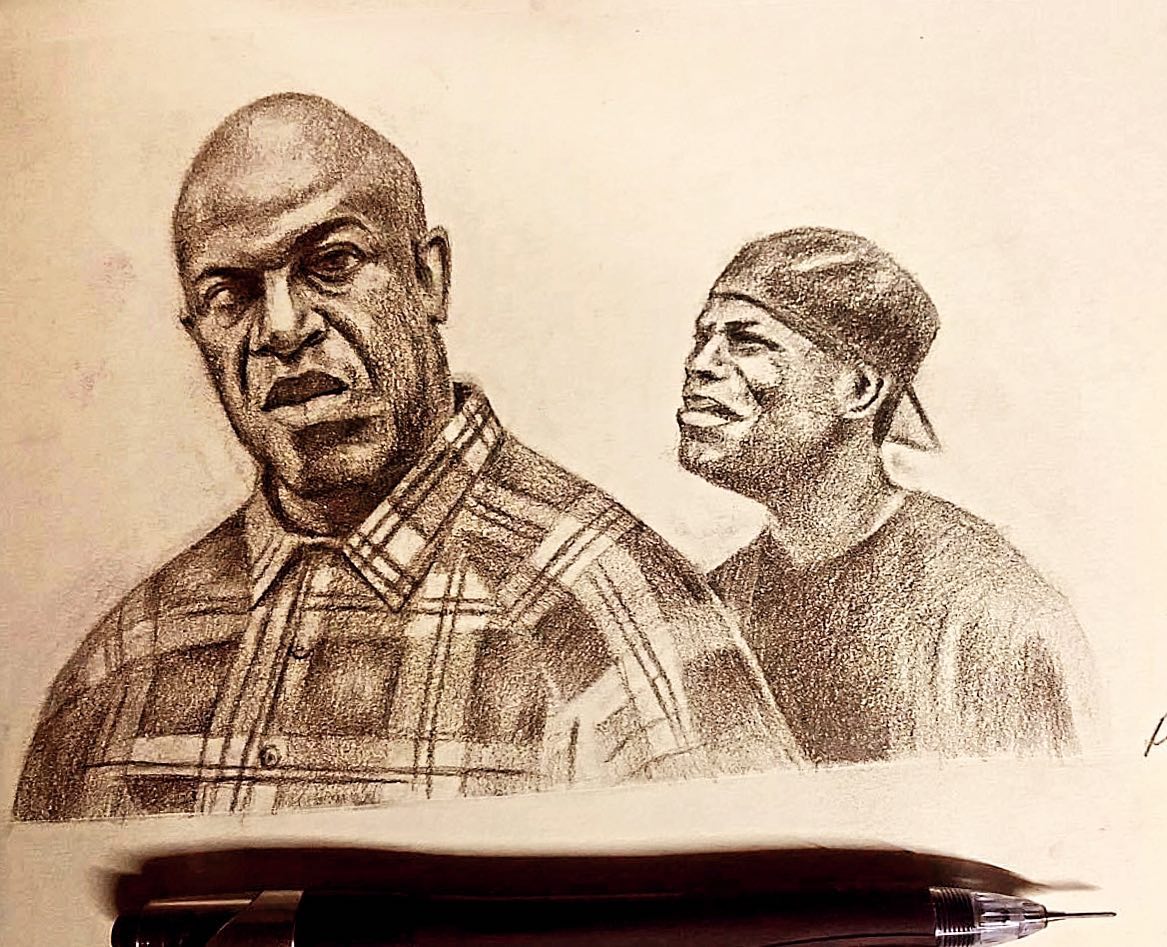 A drawing of two men with a pen in the foreground