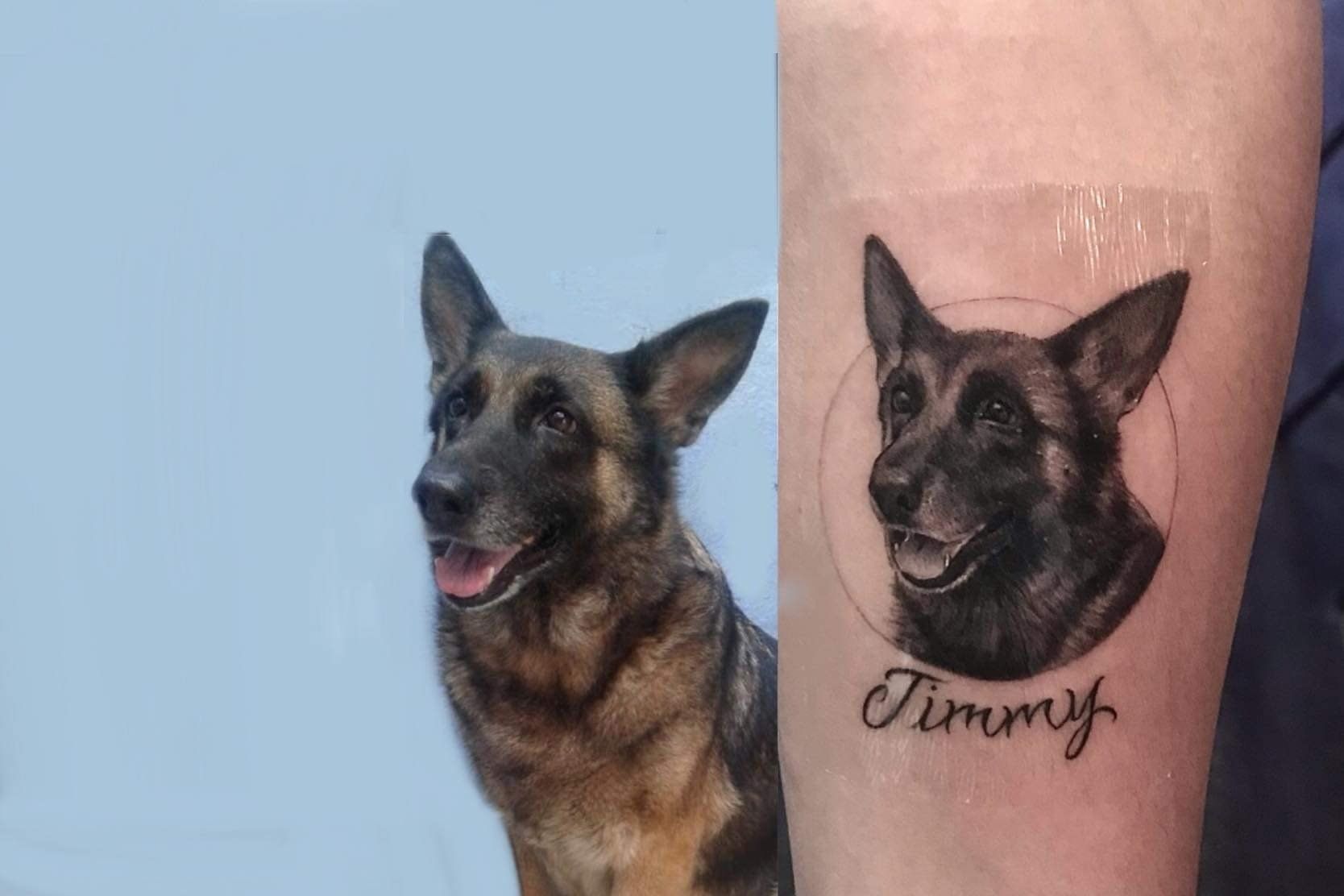 A person has a tattoo of their dog on their arm.
