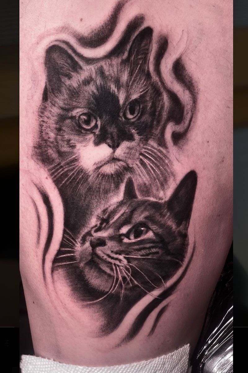 A black and white tattoo of two cats on a person 's back