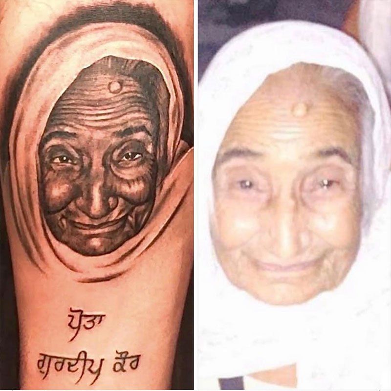 An older woman has a tattoo of her face on her arm