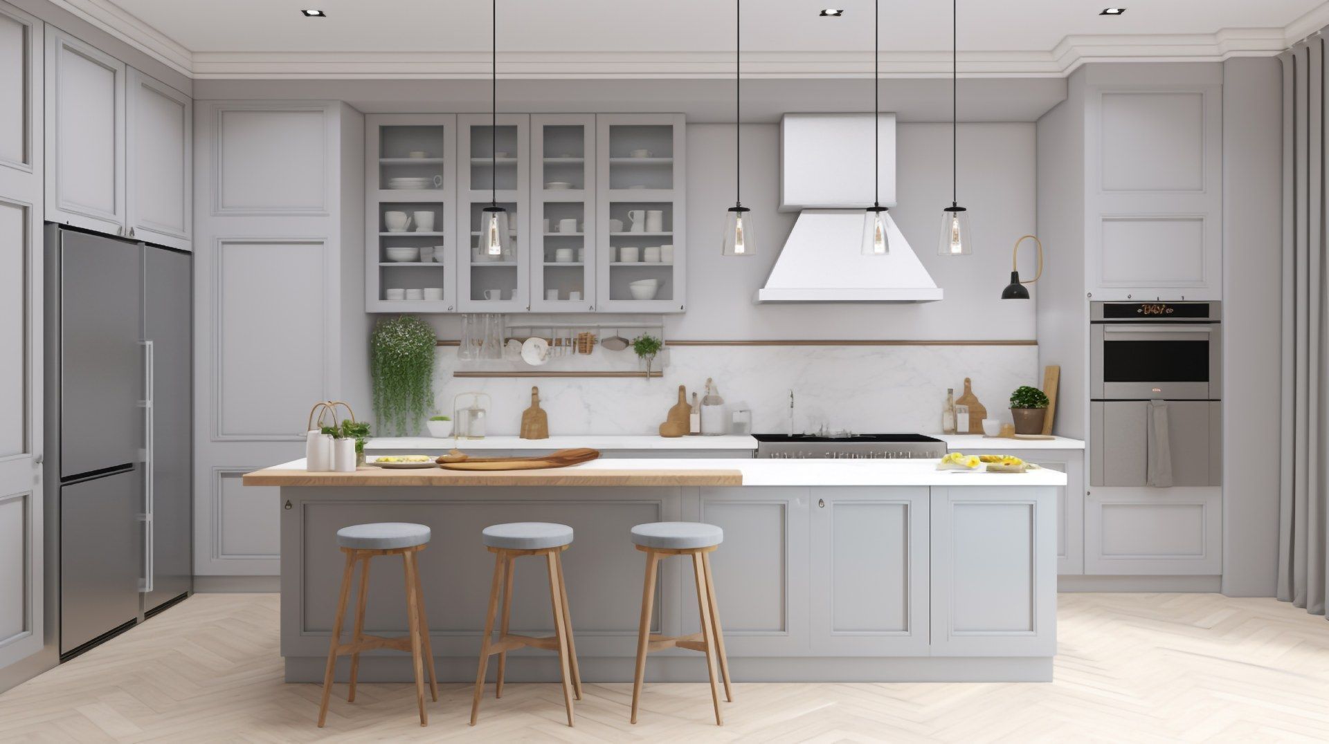 Bright modern kitchen with gray cabinets, white island, bar stools, and stainless steel appliances.