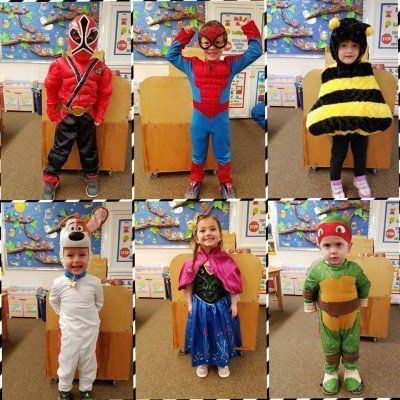 A collage of pictures of children dressed in costumes