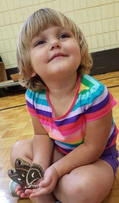 A little girl is sitting on the floor holding a butterfly