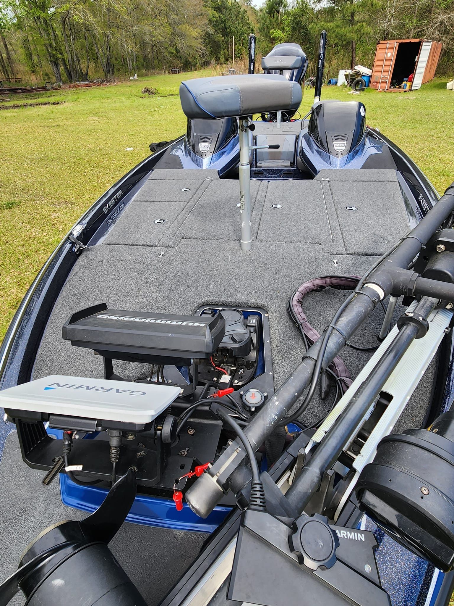 A Close-up of a Blue and Grey Bass Boat Deck With a Mounted Garmin Screen — Valentine Detailing LLC in Walterboro, SC