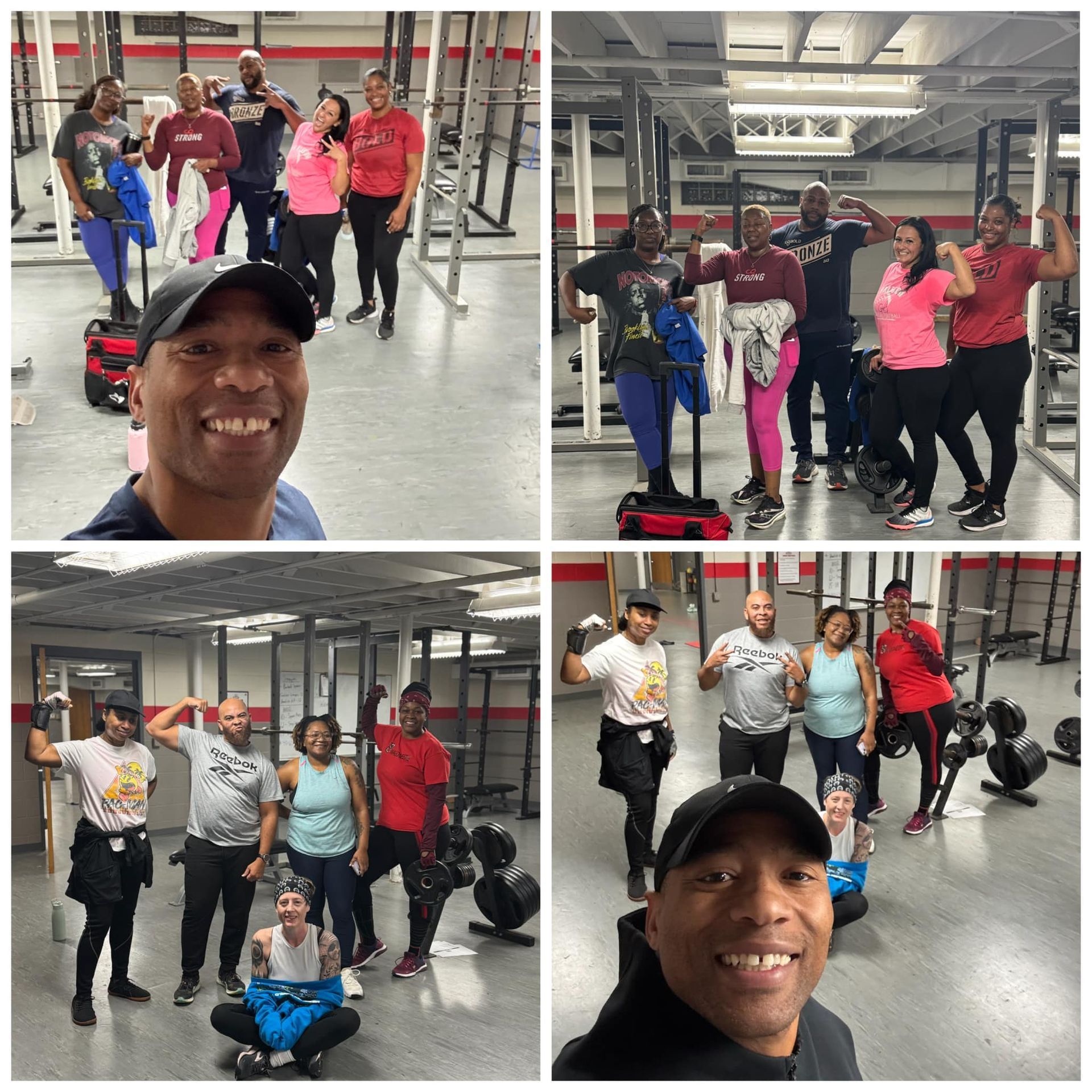 A group of people are posing for a picture in a gym.