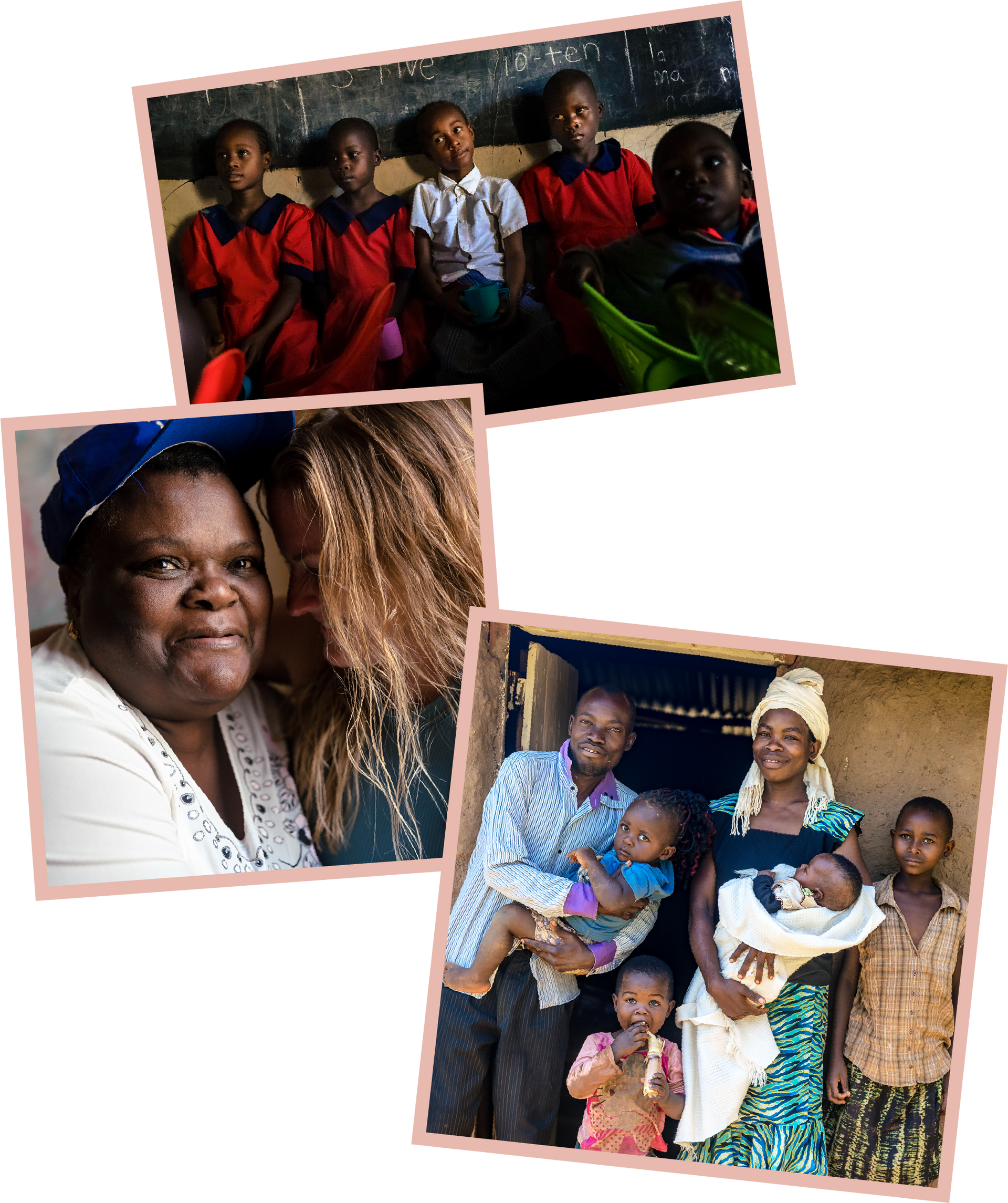 Children seated together in a Kenya classroom and families standing together outside their homes, sharing moments of daily life and connection.