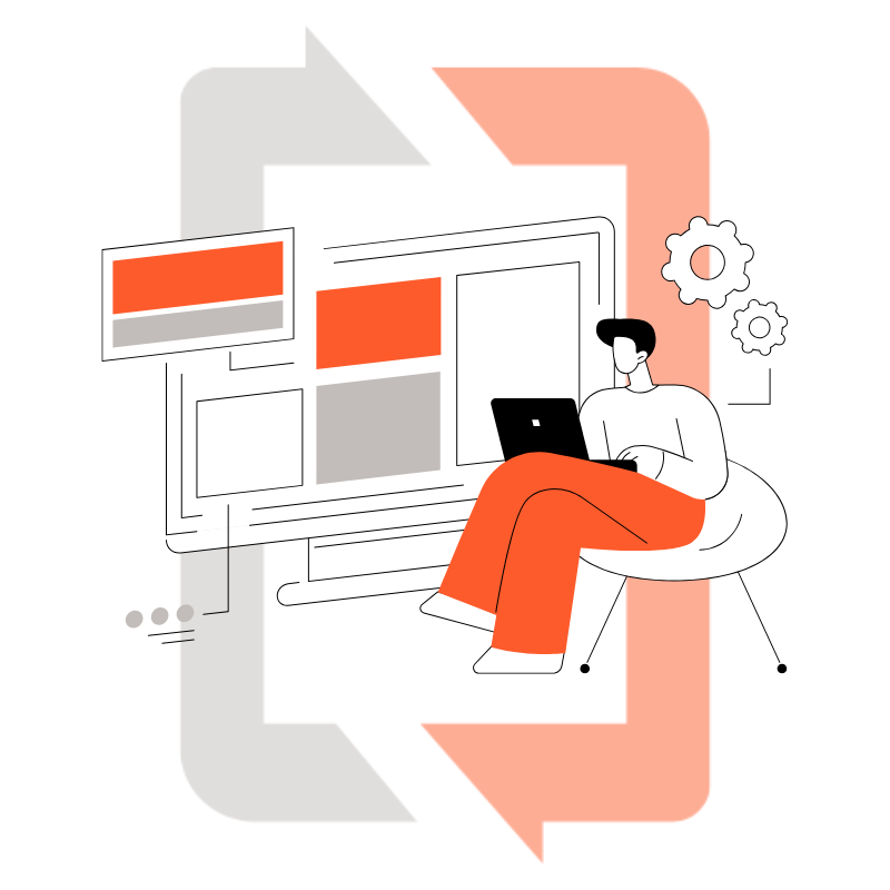 Website design on devices (laptop, desktop, tablet, phone) with arrows, illustrating responsiveness.