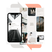 Collage with a phone displaying skyscraper and text; other images include a laptop, stairs, and money.