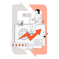 Person using a laptop on a computer screen with a rising arrow, stats, and a globe.