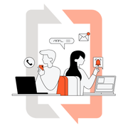 Two people communicating: one using phone/laptop, the other using laptop, with email and notifications.