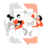 Team reviewing data, a person pointing at a chart, and the exchange happening between them.
