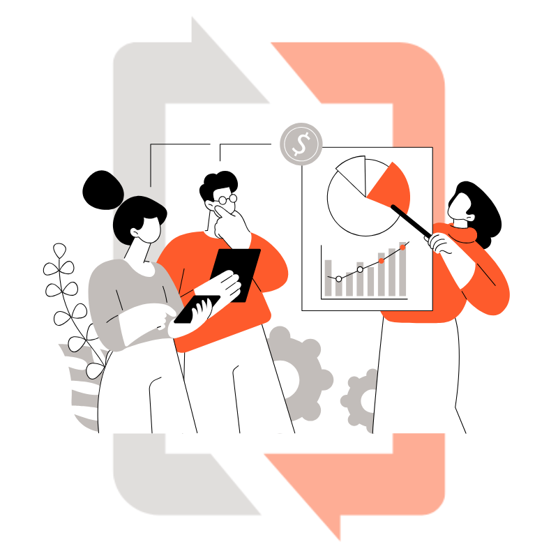 Team reviewing data, a person pointing at a chart, and the exchange happening between them.